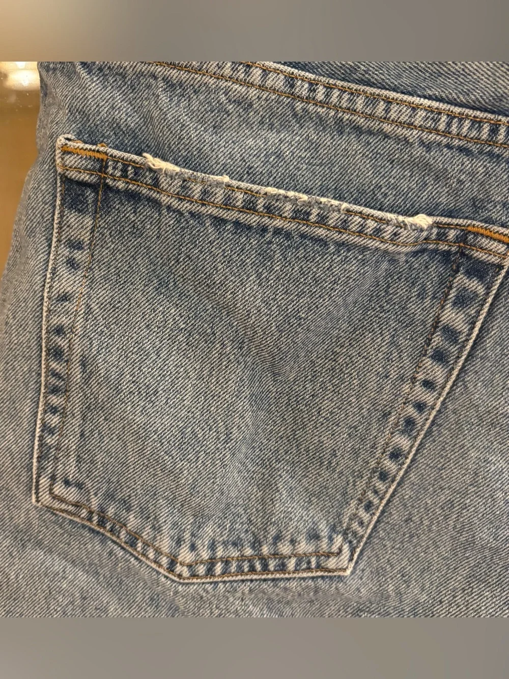 Agolde Parker Long Distressed Blue Denim Shorts Made from Organic Cotton